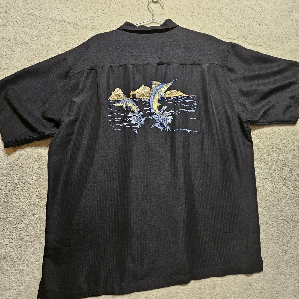 HOOK & TACKLE Men 2XL Black MARLIN Embroidered pocket and‎ back Camp Shirt EUC - Picture 8 of 11